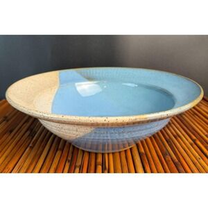 Studio Pottery Stoneware Bowl Blue Cream Glaze‎ Hand Thrown Signed DW Beautiful